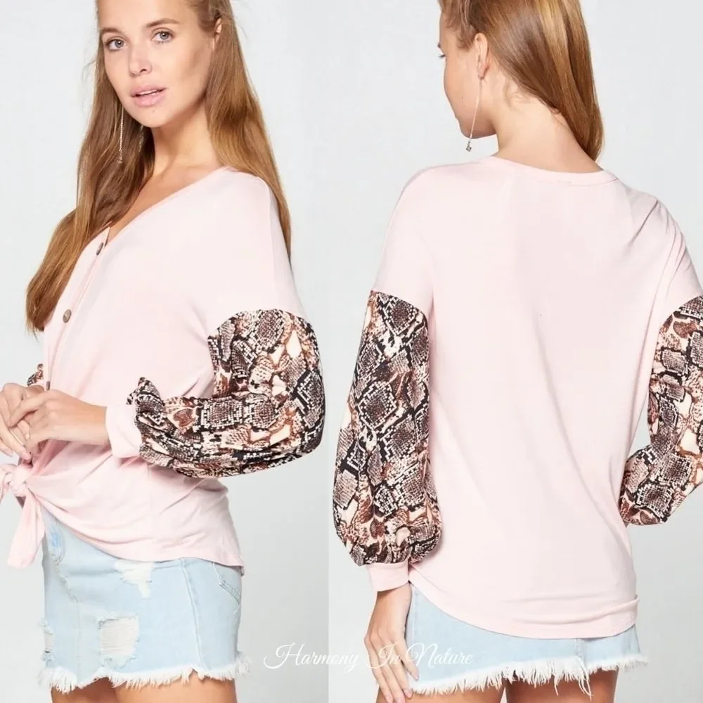 Pink Snakeskin Print Sleeve Top - Picture 2 of 6
